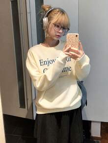Cream Yellow Women's Korean INS Style Letter Print Pattern Round Neck Loose Casual Versatile Lazy Sweatshirt Pullover Top Autumn/Winter Campus Daily OOTD - Apricot - View 2