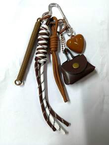Cute Heart-Shaped Tassel Y2k Braided Cord Keychain, Heart-Tassel Bag Charm, And Vintage Brown Braided Lanyard Keychain. - Multicolor - View 10