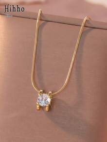 Hihho 1pc Premium Minimalist Single H-Shaped Pendant Necklace, Classic 4-Prong Setting, Sparkling Transparent Snake Chain, Flexible And Smooth Fit To Neckline, Versatile Style For Commute, Date, Party, Can Be Worn Alone Or Layered - H-type - View 9