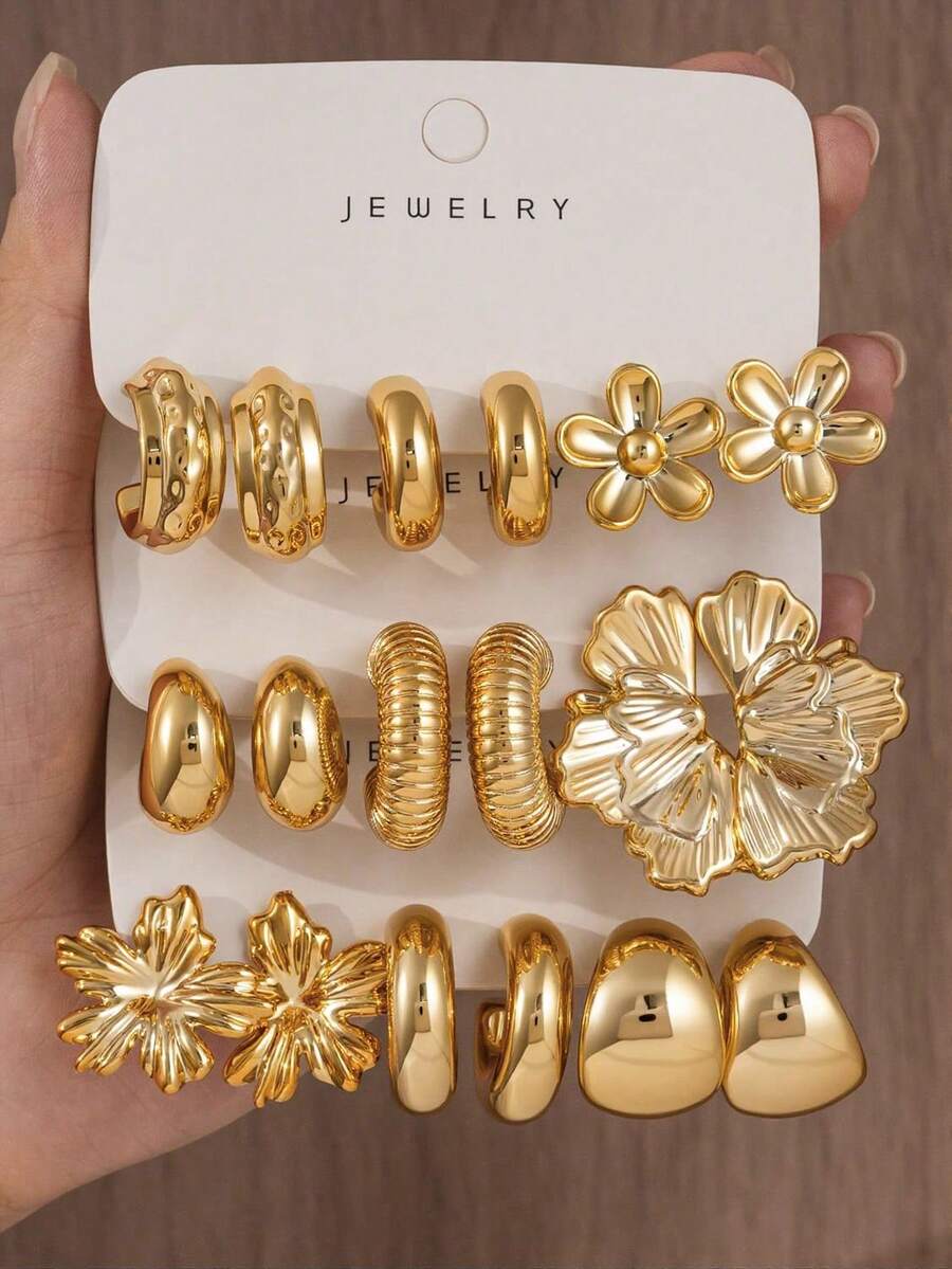 6/18pcs Fashion Earring Set Exaggerated Oversized C-Shaped Elegant Long Earrings Multi-Style Series Earring Set Perfect For Daily And Holiday Wear Women's Earring Set, This Product Is Made Of CCB Material With Non-Fading UV Gold Plating - Multicolor - View 1