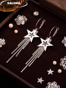 Women's Long Tassel Earrings With Star & Rhinestones, Hollow Pentagram Multi-Drip Rhinestone Exaggerated Earrings, Sparkling Earrings For Evening Party - Silver - View 3