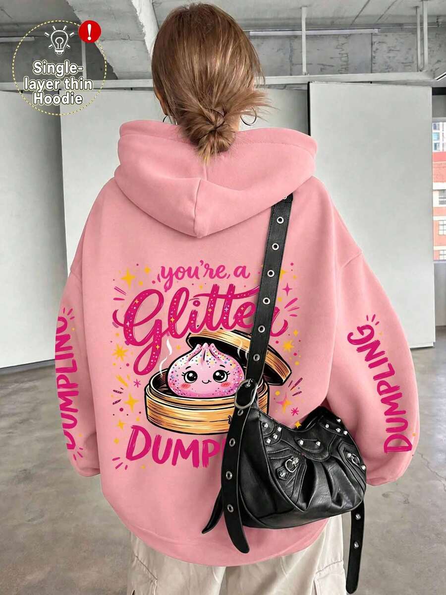 Plus Size Women's Shiny Crystal Bun Print Hooded Sweatshirt, Fun Graphic Design, Suitable For Autumn/Winter School/Sports/Outdoor Activities, Versatile Long Sleeve Top, Everyday Wear - Pink - View 1