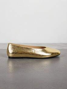 Metallic V-Cut Ballet Shoes, Plus Size Wide Fit Round Toe Slip-On Casual Shoes - Gold - View 4