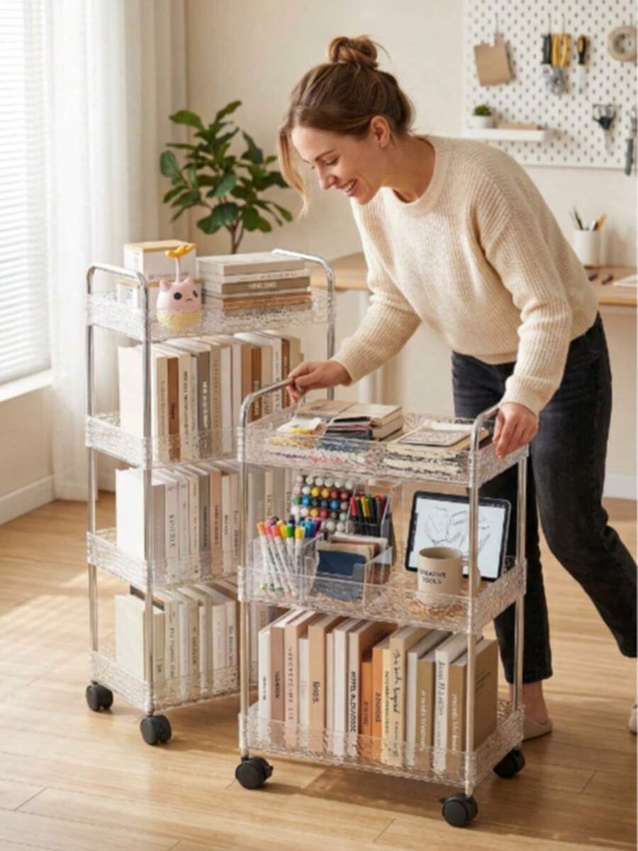 1pc 3-Tier/4-Tier Transparent Acrylic Mobile Storage Cart, Silver Metal With Wheels, Gap Book Storage Rack, Suitable For Student Study Room Desk Textbook Picture Book Album Material Layered Organization, Office Desktop File Stationery Tablet Vertical Storage, Living Room Bedroom Bedside Sofa Side Table Multi-Functional Snack Miscellaneous Storage Cart, Crystal Glacier Pattern High Transparency Tray With Dual Side Handles Universal Wheels Storage Rack, Modern Luxury Home Living Recommended Item - Transparent - View 1