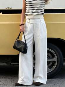 Women's White High-Waisted Wide Leg Pants, Multi-Button Waist Front Pleated Pockets Long Pants, Suitable For Office Casual Daily Wear - White - View 9