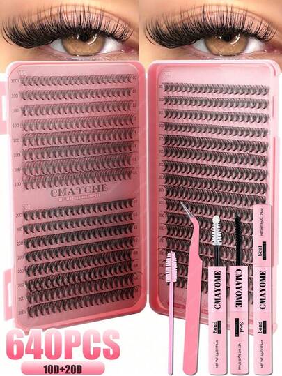 640/200 piezas Pestañas postizas de racimo individual DIY, múltiples estilos de 9-16mm de longitud mixta, adecuadas para maquillaje natural coreano y japonés, suaves y duraderas, incluye pegamento, cepillo y juego de pinzas, fáciles de usar para uso diario, citas, fiestas y vacaciones