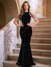 Romagic Women's Elegant Sexy Sequin Mermaid Dress, Suitable For Evening Parties And Weddings - Black - View 2