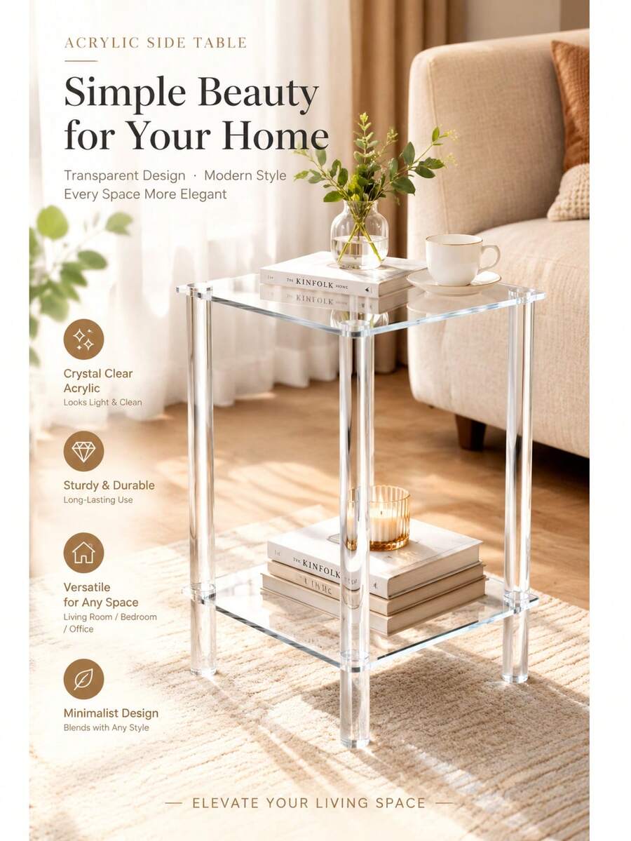 1PC Acrylic Transparent Side Table, 2-Tier Living Room End Table, Small Modern Bedside Nightstand Home Decor Table Shelf End Table For Office Bedroom Living Room Study - Transparent - View 1