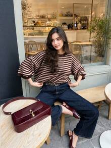 MORI Women's Autumn/Winter New Knit Top, Coffee And Apricot Striped Short Sleeve Crew Neck Pullover, Casual Style Fall - Coffee Brown - View 5