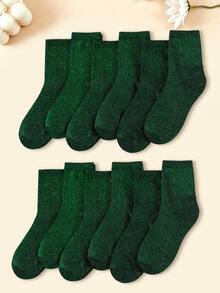 1/6 Pairs Unisex Dark Green Metallic Yarn Knit Socks, Sequin Vertical Ribbed Mid-Calf Socks, Comfortable Elastic Casual All-Season - Dark Green - View 6