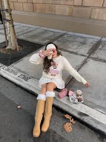 Women's Crew Neck Teddy Bear Print Long Sleeve Pullover Sweater, White, Collegiate Style Top Fall - White - View 4