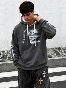 Zrgoth Men's Vintage Portrait & Star Print Sweatshirt, Loose Fit Streetwear Hoodie Long Sleeve Drawstring Hooded Top - Dark Grey - View 2