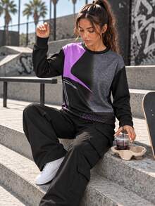 Women's Graphic Contrast Print Crew Neck Long Sleeve Relaxed Fit Pullover Sweatshirt For Training, Running And Fitness - Purple - View 7