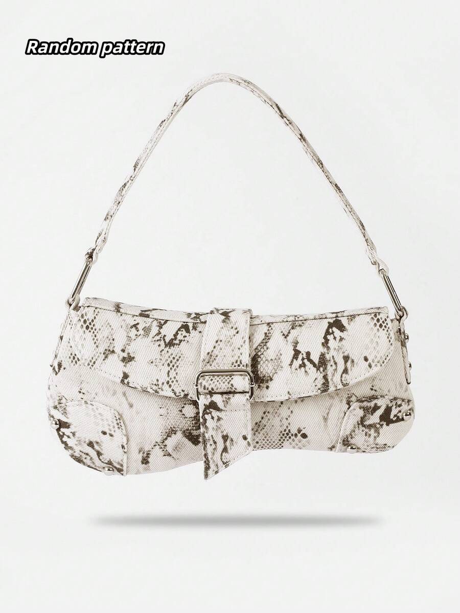 Women Snake Print Underarm Bag Retro Buckle Design Shoulder Hobo Bag Daily Casual Party Handbag - Black and White - View 1