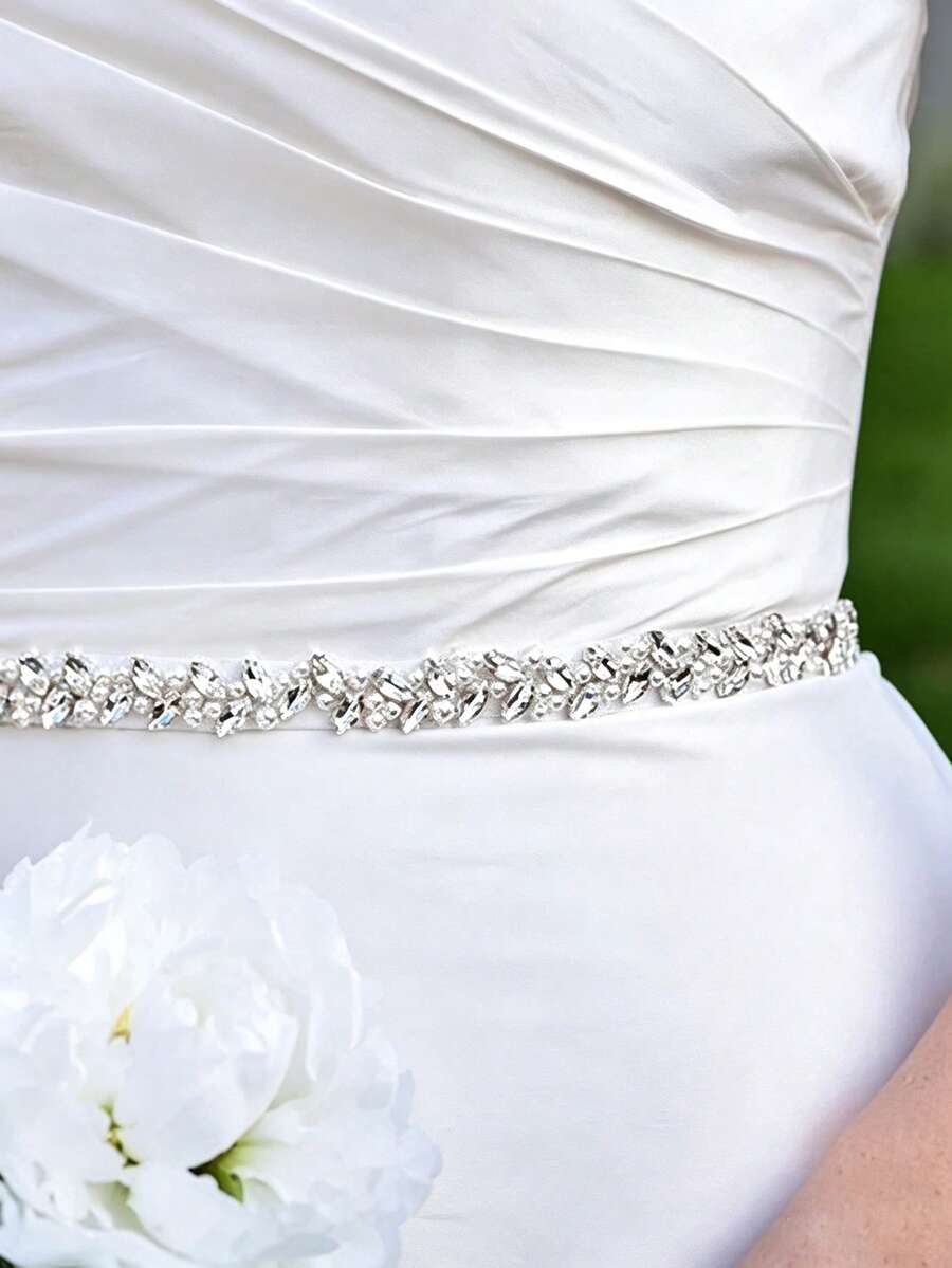 1pc Handmade Faux Pearl & Rhinestone Bridal Wedding Belt Elegant. Valentine's Day Accessories - White - View 1
