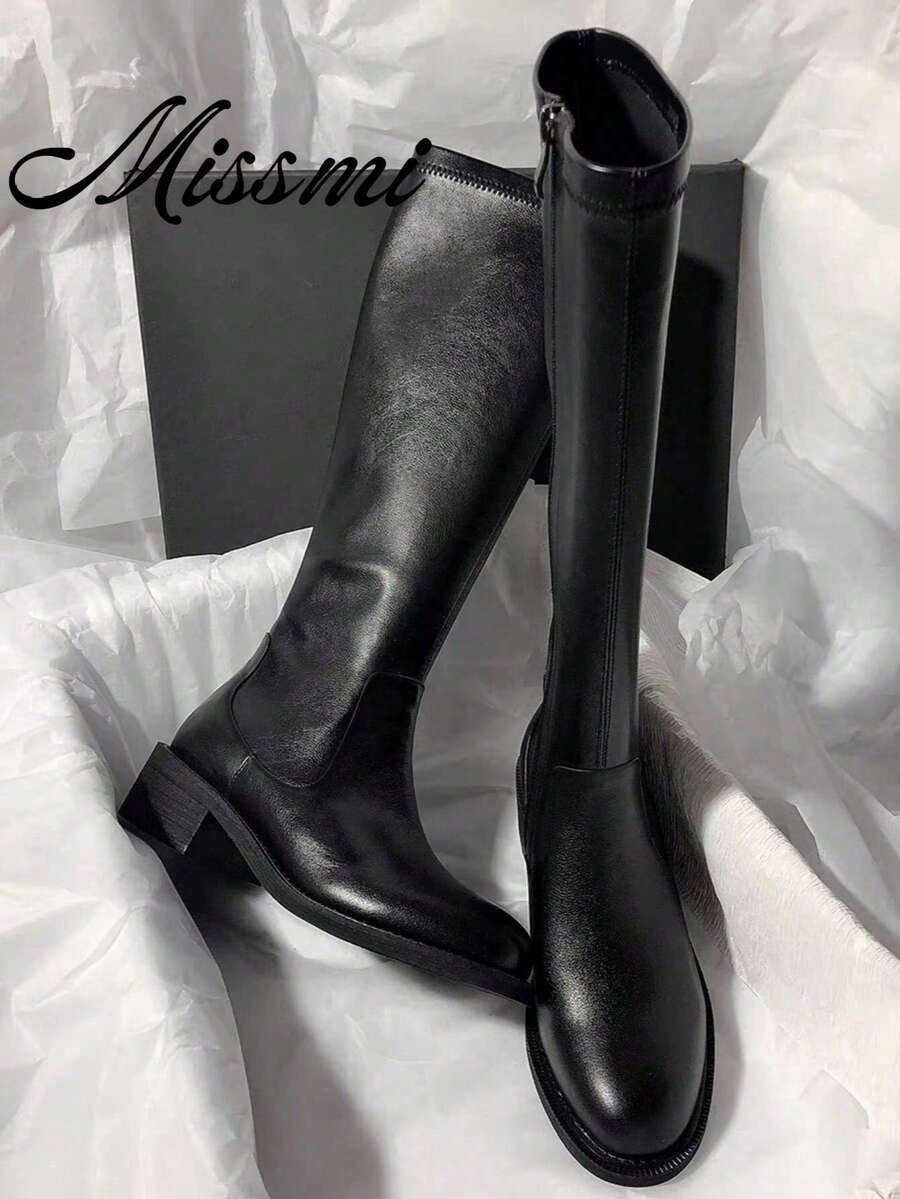 Fall/Winter 2025 New Arrival Leather Tall Elastic Boots, Mid-Heel Versatile Over-The-Knee Thick Sole Riding Boots For Women - Black - View 1