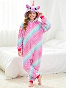 Tween Girl Plush Pink Starry Print Unicorn Shaped One-Piece Pajamas - Multicolor - View 5