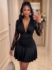 Women's Elegant Sexy Black Mini Dress, Deep V-Neck, Lace Sleeves, Ruched Bust, Ruffle Hem, Suitable For Party Wear - Black - View 2