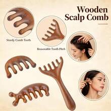 Set Sisir Pijat Kulit Kepala Kayu 4 Buah, Alat Pijat Gua Sha Kepala Kayu - Coklat - View 4