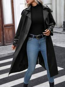 Women Long Faux Leather Jackets Trench Coat Blazer Lapel Open Front With Belt - Dark Black - View 3