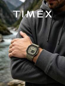 Timex Men's Shock-Resistant Analog Watch, Octagonal Case, Resin Strap, World Time, Stopwatch, Countdown, Multi-Function Sports Watch, Outdoor Camping, Men's Gift - Army Green - View 4