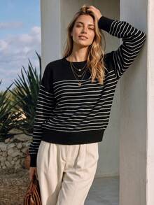 NiceArt Women's Black & White Striped Drop Shoulder Knit Sweater, Autumn/Winter Vintage Basic Loose Fit, Autumn Outfit, Renaissance Style, Halloween - Black and White - View 4