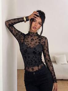 Sexy Flocked Floral Sheer Frill Trim Fitted Mesh Long Sleeve Top & Camisole 2 Pieces Set, Autumn/Winter New, Versatile For Date And Commute - Black - View 1