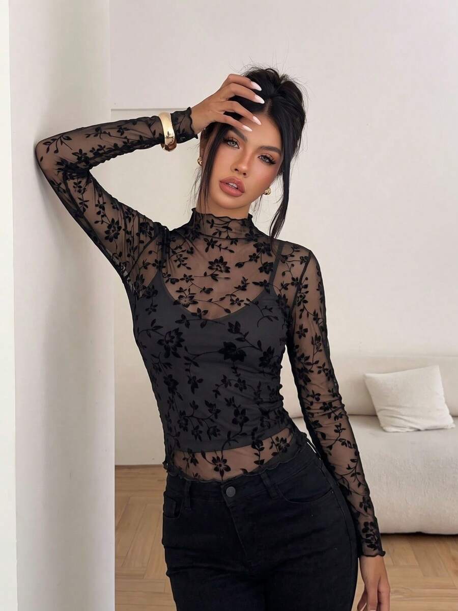 Sexy Flocked Floral Sheer Frill Trim Fitted Mesh Long Sleeve Top & Camisole 2 Pieces Set, Autumn/Winter New, Versatile For Date And Commute - Black - View 1
