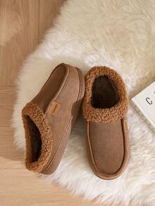 Unisex Thick Fleece Home Slippers For Autumn/Winter, Warm Comfortable Soft Sole With Thermal Lining Fuzzy Slippers, Solid Color Faux Suede Upper House Shoes - Coffee Brown - View 3