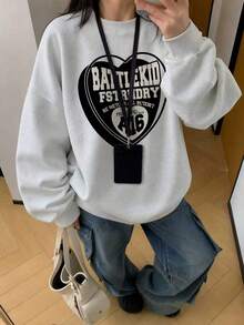American Vintage Shield & Heart Multi-Layer English Print Crew Neck Sweatshirt, High Street Casual Drop Shoulder Long Sleeve Autumn Top - Light Grey - View 6