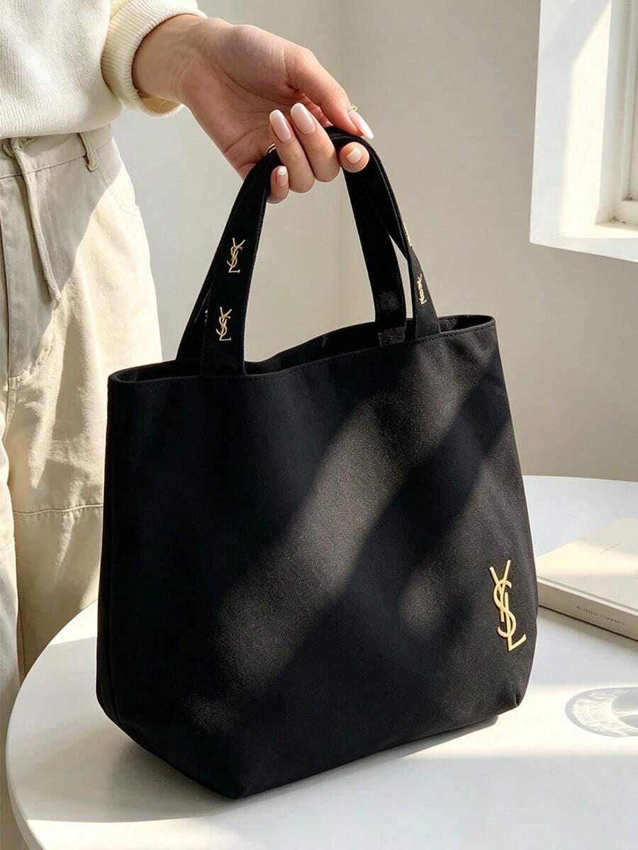 Yves Saint Laurent 黑色刺繡LOGO托特化妝包,大容量防水帆布手提收納包,粉色內裡拉鍊隔層,通勤購物旅行雙用彩妝收納包,奢華女款便攜禮品 - 黑色 - 查看 1