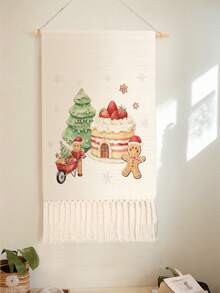 1PC Tapestry, Wall Hanging, Long Linen Vintage Tassel Tapestry, Vertical Wall Decor, Gingerbread Man Print Design; Versatile For Living Room, Bedroom, Office, Party And More - Multicolor - View 8