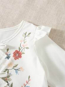 Girls' Casual Fashion Loose Blouse With Round Neck, Ruffle Flutter Sleeves, Front Tie Design, Colorful Floral Embroidery And Ruffle Hem, Spring/Autumn - White - View 5