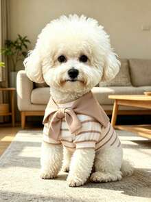 Set Pakaian Anjing dan Kucing 2 Potong: Atasan Kerah Selendang Bergaris Patchwork Warna Khaki dengan Tali Pengikat + Pullover - Khaki - View 1