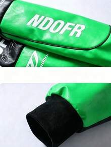 Men's Colorblock Racing Leather Jacket With Stand Collar, Zipper, Letter Print, Hip-Hop Street Style Motorcycle Riding Jacket, Suitable For Spring And Autumn - Army Green - View 9