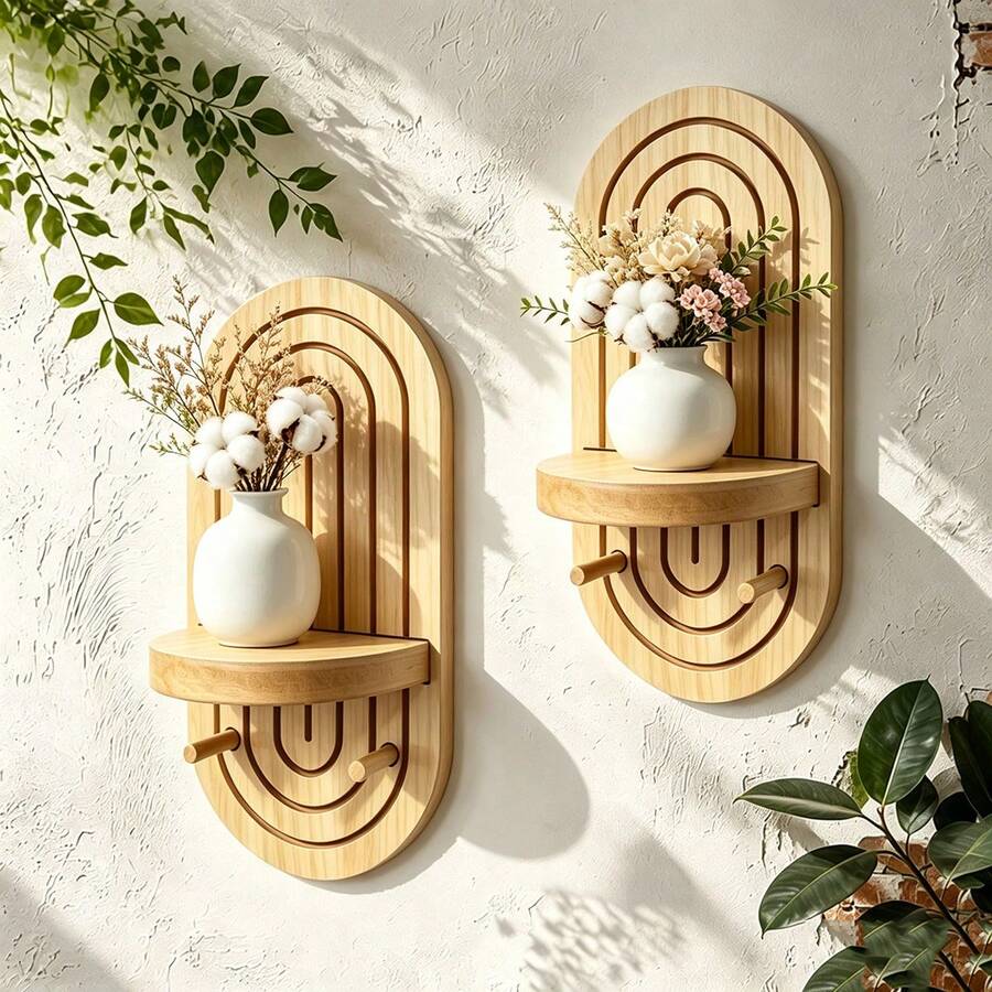 Geometric Oval Wooden Wall Shelf With Hooks, Boho Wall Mount Display Rack, Home Decor Room Decor Bedroom Decor For Bedroom Kitchen Bathroom, Wall Hanging Storage Organizer - View 1