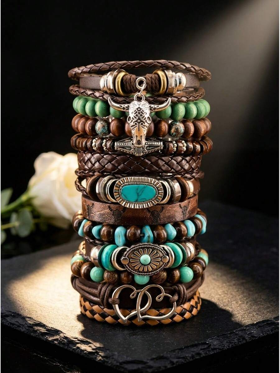 Unisex Western Bohemian Style Multi-Layer Leather And Wooden Bead Bracelet Set, Decorated With Bull Skull Pendant, Vintage Style, Stackable, Suitable For Wrist Wear - Bracelet - View 1