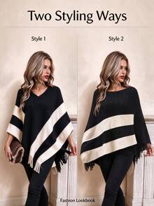 Women's Knit Shawl Cape, Contrast Stripes, Tassel Hem, One Size Multi-Way Wear, Elegant Loose Outer Layer, Autumn/Winter Essential - Black - View 5