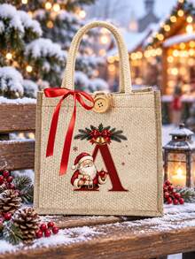 Initial And Name Christmas Canvas Gift Bag, 26 Initials, Custom Large Santa Claus Patterned Cloth Bag, Featuring A Red Bow Ribbon, Personalized Christmas Decoration Gift Party Favor - Multicolor - View 8