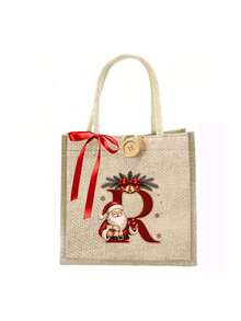 Initial And Name Christmas Canvas Gift Bag, 26 Initials, Custom Large Santa Claus Patterned Cloth Bag, Featuring A Red Bow Ribbon, Personalized Christmas Decoration Gift Party Favor - Multicolor - View 18