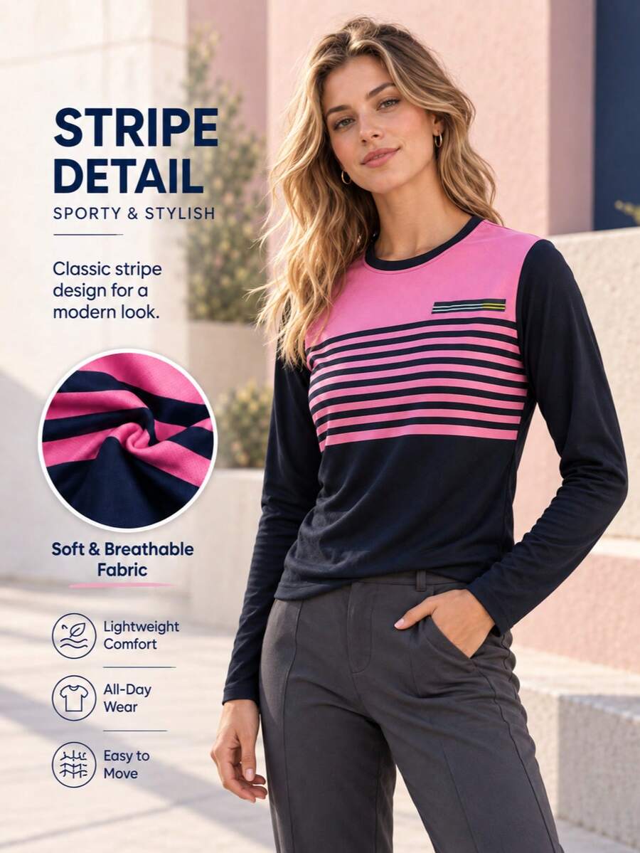 Women's Sporty Colorblock Striped Long Sleeve T-Shirt, Crew Neck Casual Pullover Top For Daily And Weekend Outfits. - Pink - View 1