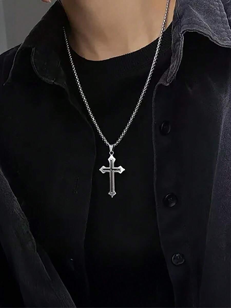 1pc Men's 304 Stainless Steel Black Enamel Cross Pendant Necklace, Gothic Punk Street Style Chain, Religious Style Daily Wear And Party Decoration Body Jewelry - Silver - View 1