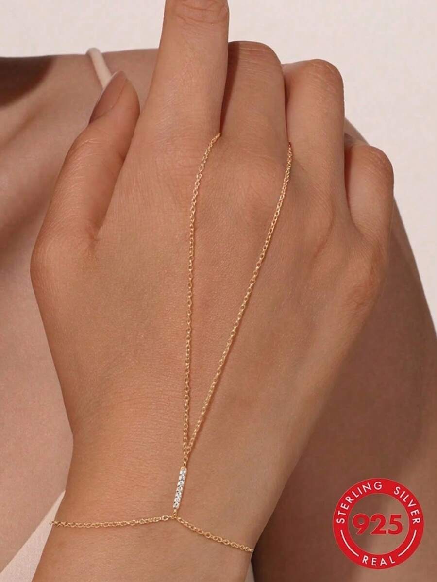 SereneSpark 1pc 925 Sterling Silver Exquisite Bar-Shaped CZ Chain Ring Bracelet, Fine Jewelry Suitable For Wedding, Party, Gift, Travel And Other Occasions - Gold - View 1
