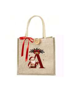 Initial And Name Christmas Canvas Gift Bag, 26 Initials, Custom Large Santa Claus Patterned Cloth Bag, Featuring A Red Bow Ribbon, Personalized Christmas Decoration Gift Party Favor - Multicolor - View 13