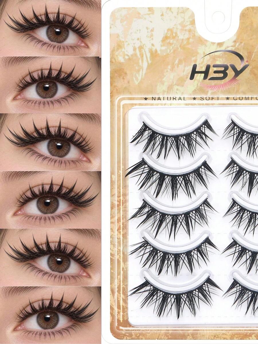 5 Pairs Wet Manga Anime Strip False Eyelashes, Spiky Wet Wispy Cat Eye Lashes, Natural Layered Fluffy Fake Lashes, Reusable Eye Makeup Lashes For Cosplay Halloween Daily Party - Gold - View 1