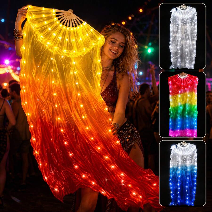 1pc Adult LED Glowing Silk Dance Fan, Designed For Women, Long Flowing Glowing Hand Fan, Shiny Stage Accessory, Suitable For Carnival, EDM Concerts And Parties
