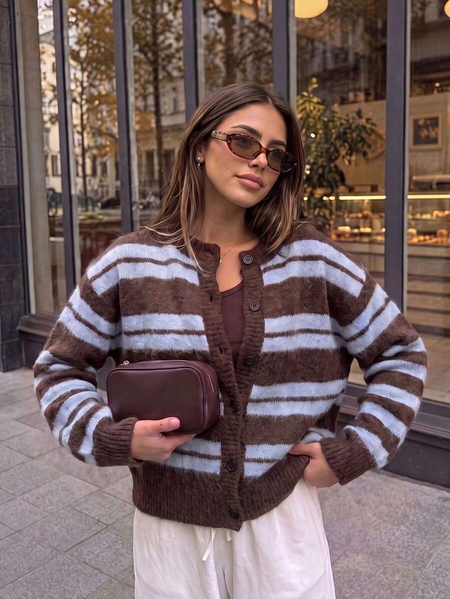 Autumn/Winter Brown&Blue Colorblock Striped Fuzzy Knit Cardigan Women Loose Long Sleeve Vintage Outerwear Sweater Versatile For Daily School Commute - Coffee Brown - View 1