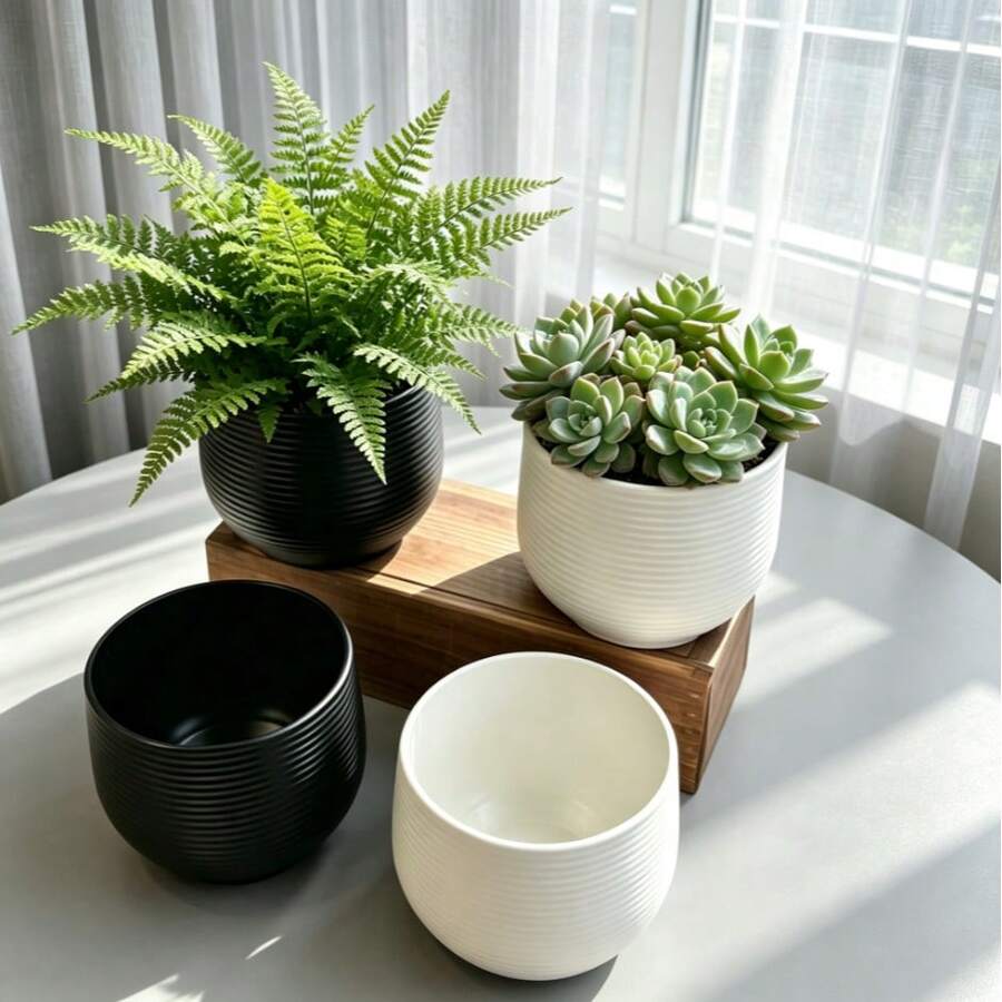 Threaded Spherical Flower Pot, Minimalist Nordic Style, Black And White Dual Color, Desktop Greenery Planter, Home Decor Ornament - A - View 1