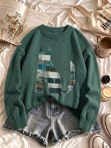 Women's Plus Size Green Round Neck Long Sleeve Sweater, Abstract Cat Print, Casual Comfortable Pullover For Autumn/Winter - Green - View 1