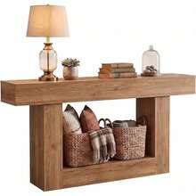 Recibidor de Entrada Mueble y Credenza Recibidor de 160 x 30 x 80 cm, Mesa de Entrada de 2 Niveles Vintage, Mesa Consola Auxiliar con Estante para Entrada (Madera Natural) - Madera Natural - Ver 1